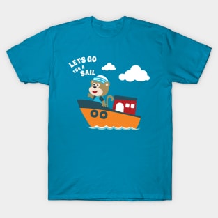 Cute bear the animal sailor on the boat with cartoon style T-Shirt